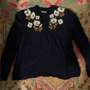 Navy Blue Floral Embroidered Women's Top